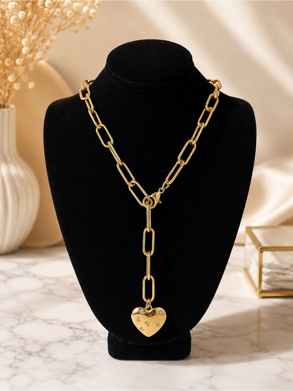 Gold Heart Pendant Link Necklace - Women Jewelry